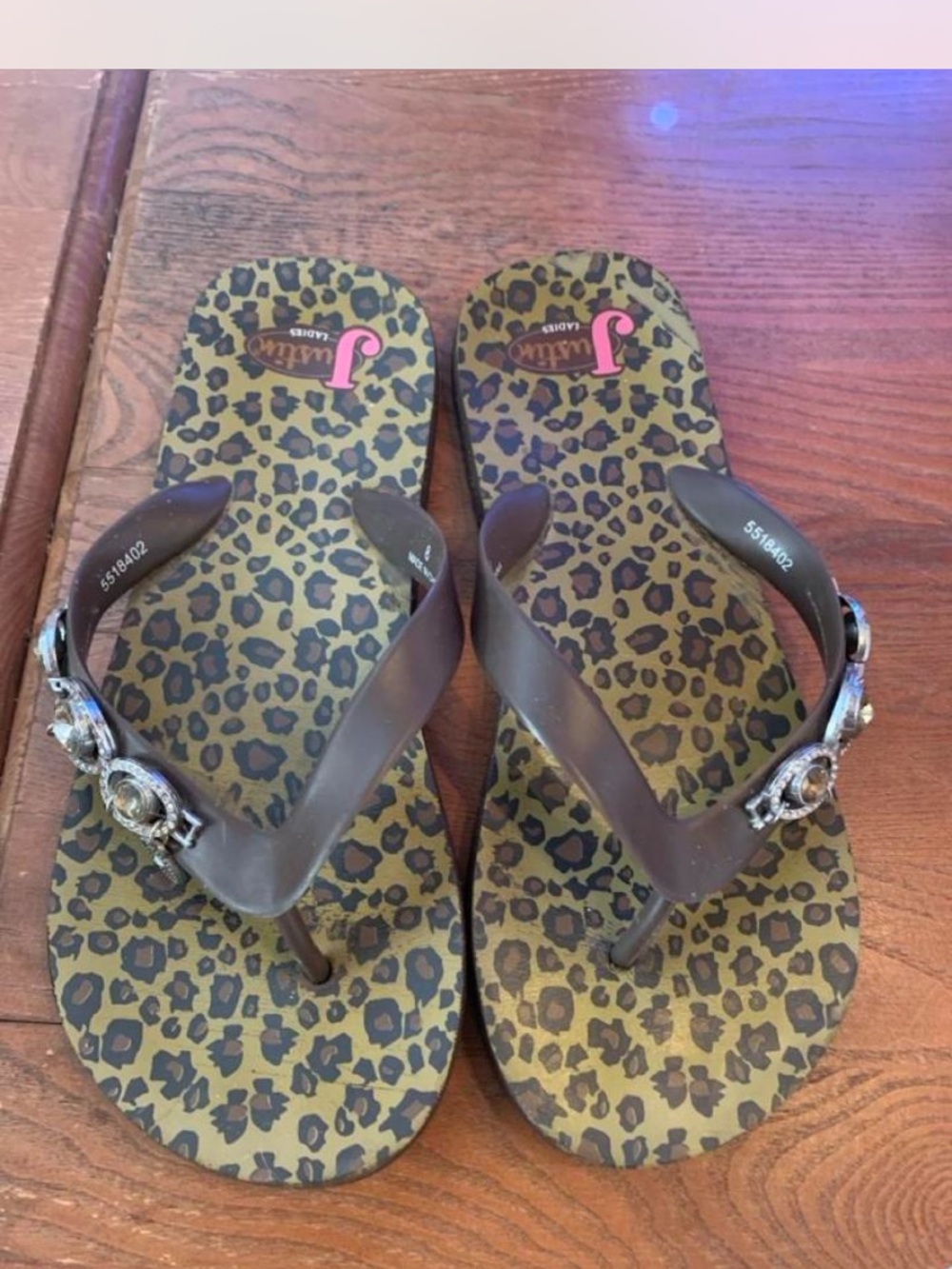 Justin Boots Brown Leopard Print Rhinestone Thong Sandals